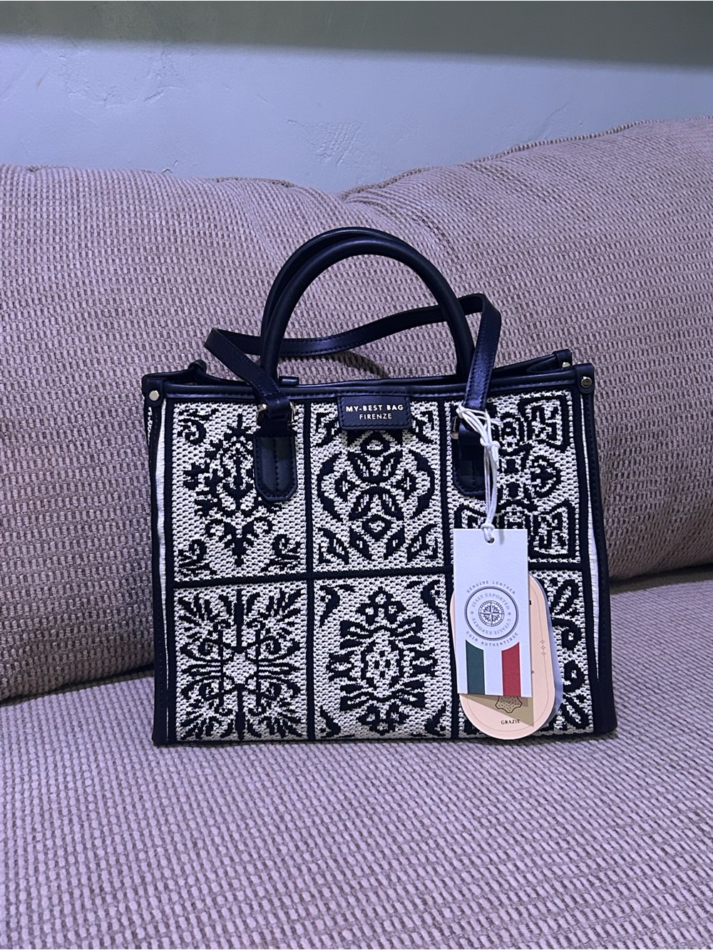 MY BEST BAG Made In Italy Medium Crochet Double Handle Tote Leather Trim NWTS